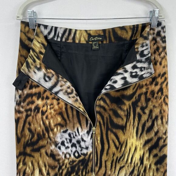 Vtg Cartise Skirt Womens 8 Brown Black Leopard Pencil Skirt Scuba Gold Zipper - Picture 9 of 16